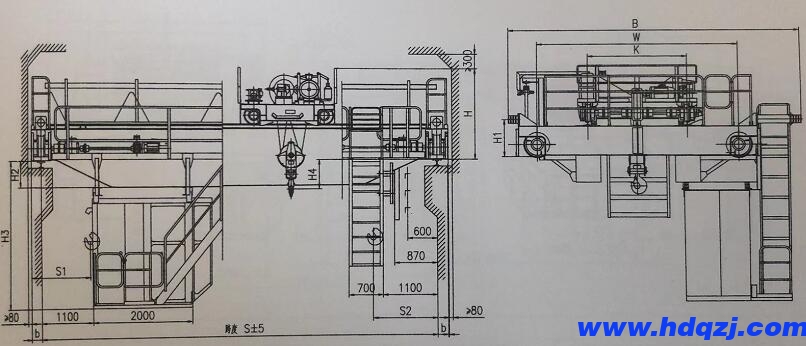 QD型吊鉤橋式起重機結(jié)構(gòu)技術(shù)參數(shù)圖 QD型吊鉤橋式起重機結(jié)構(gòu)技術(shù)參數(shù)圖