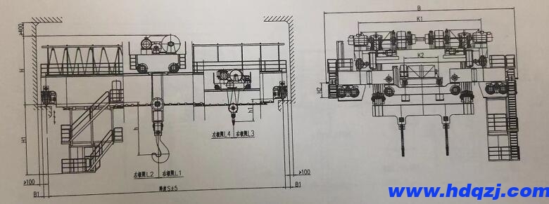 YZ型吊鉤橋式鑄造起重機結構技術參數圖 YZ型吊鉤橋式鑄造起重機結構技術參數圖